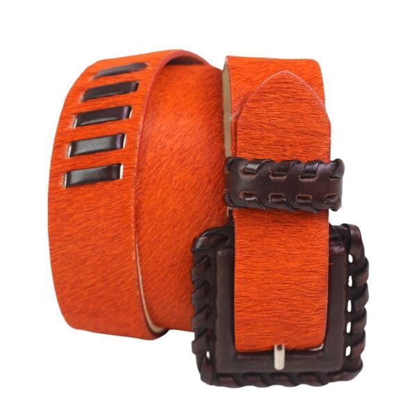 Nordstrom ORANGE REAL LEATHER PONY HAIR 1.25"Wd DRESS CASUAL WOMEN BELT S (G84 - Picture 1 of 13